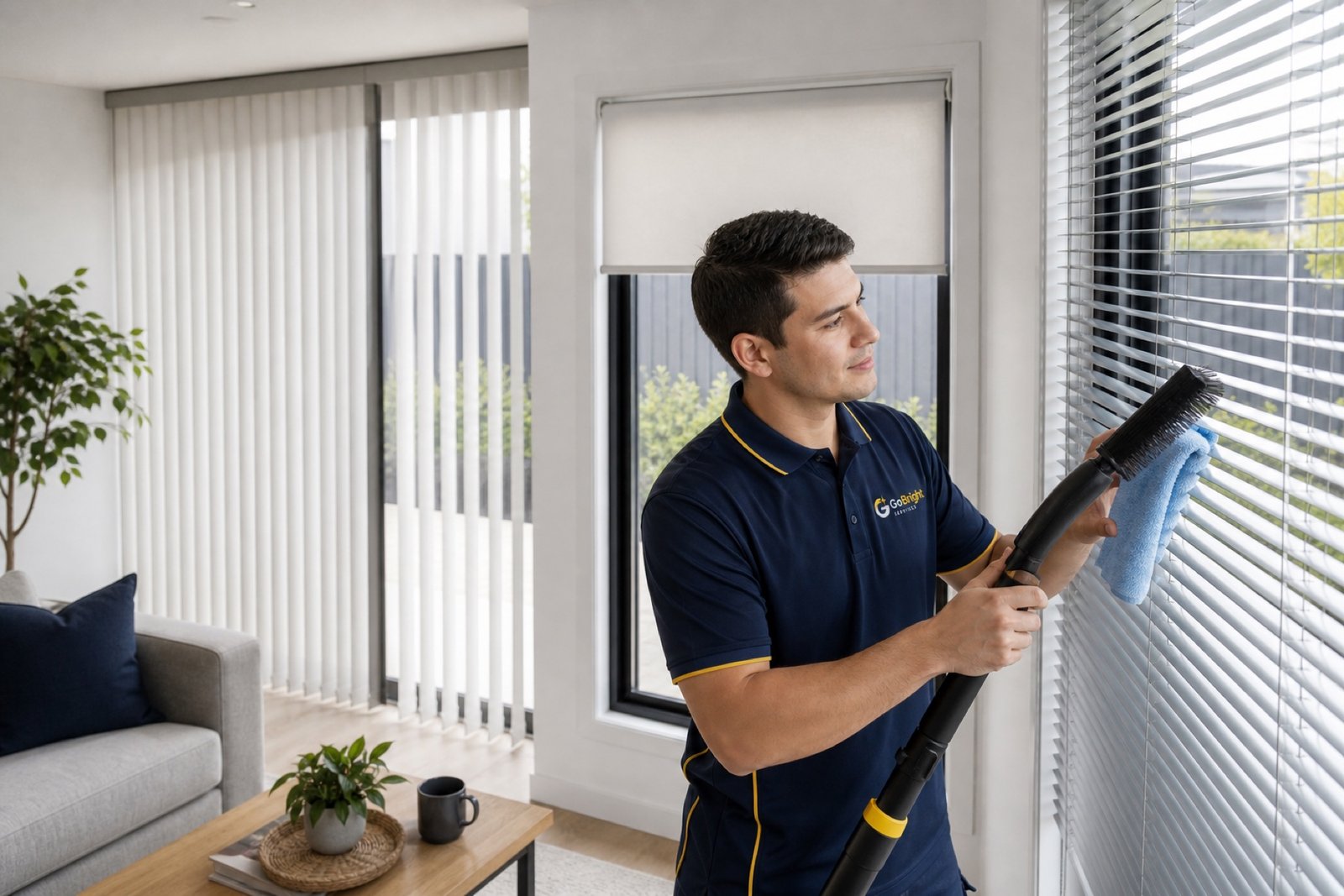 GoBright cleaner professionally cleaning vertical, roller and slim aluminium blinds in a modern interior