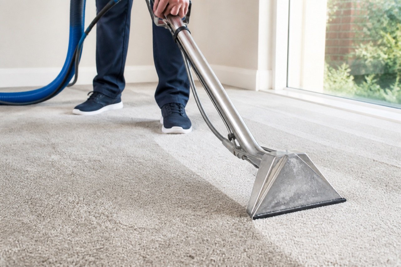 Concept image of hot-water extraction carpet cleaning in a bright home