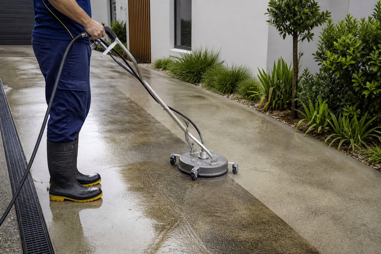 Concept image of controlled pressure washing on a residential driveway
