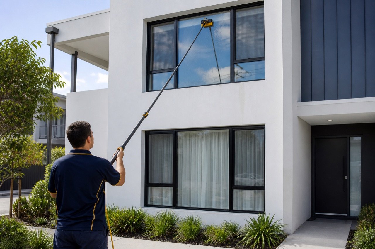 Concept image of ground-based two-storey window cleaning with an extension pole