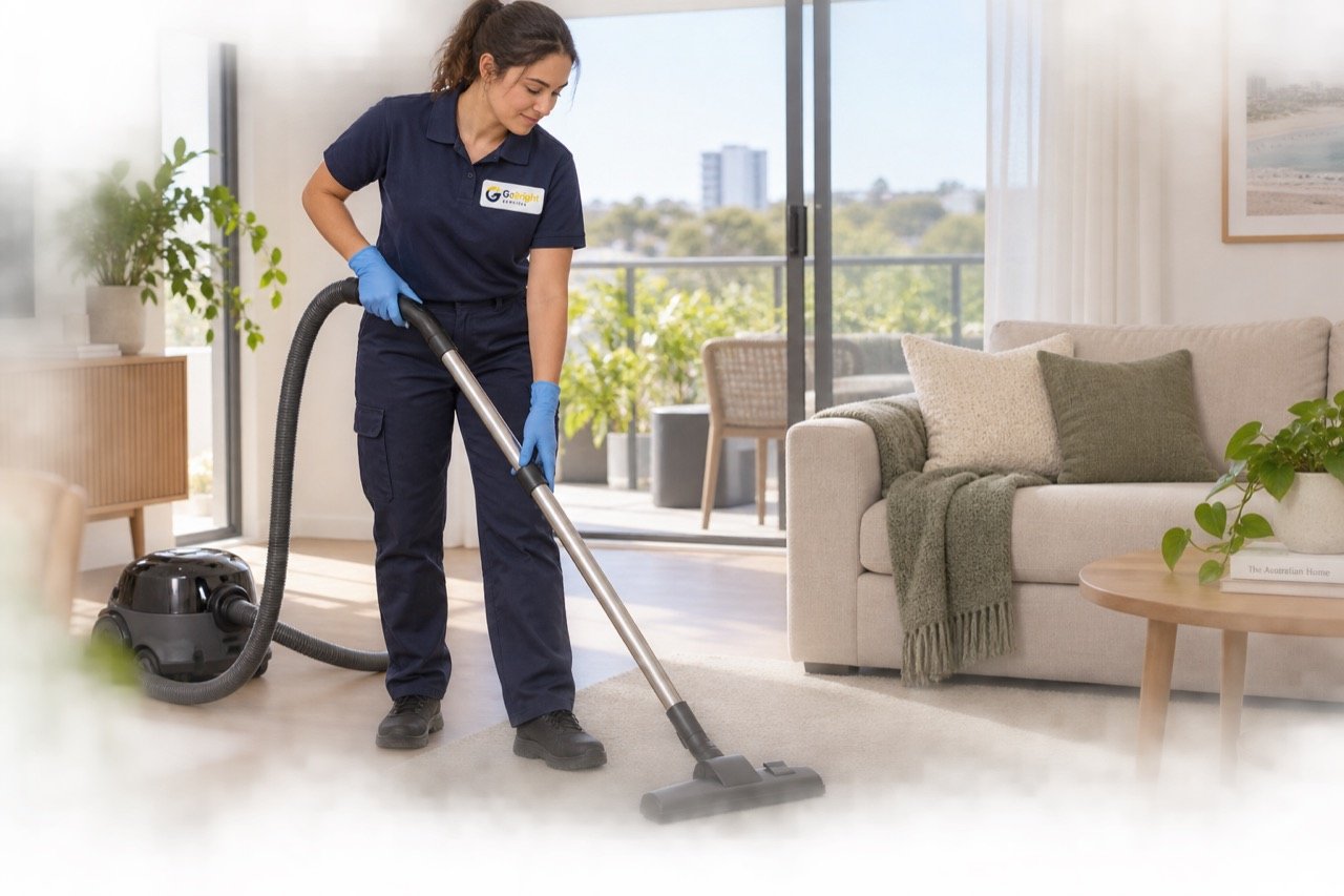 AI-generated cleaner vacuuming an apartment living area