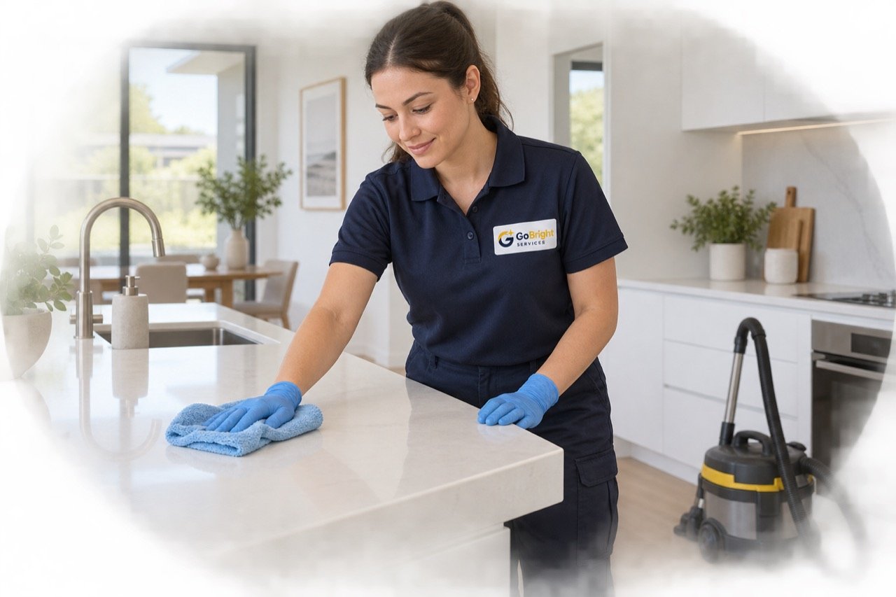 AI-generated cleaner detailing a new kitchen after building work