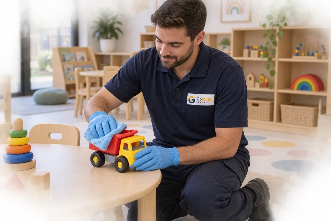 AI-generated cleaner wiping surfaces in an empty childcare room