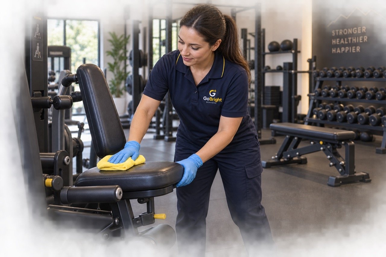 AI-generated cleaner wiping exercise equipment in a gym
