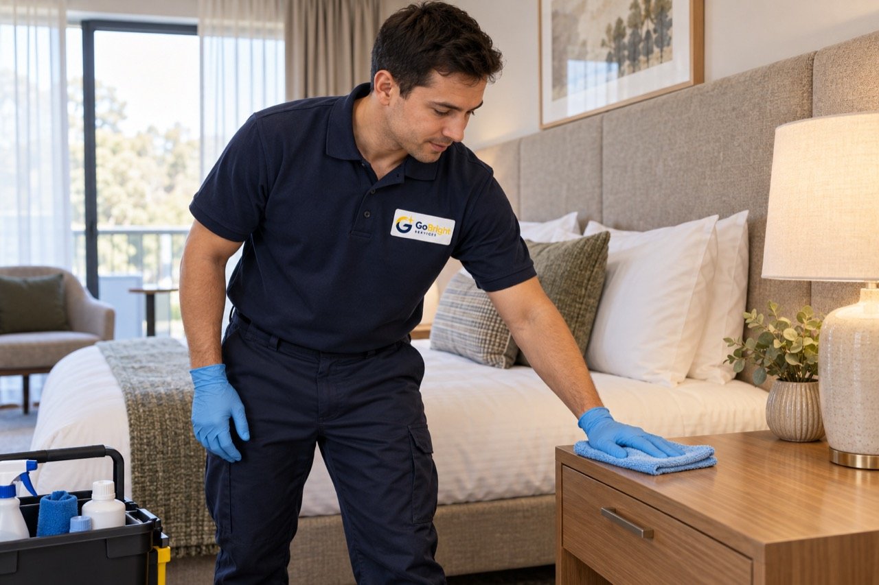 AI-generated cleaner wiping a bedside table in a hotel room