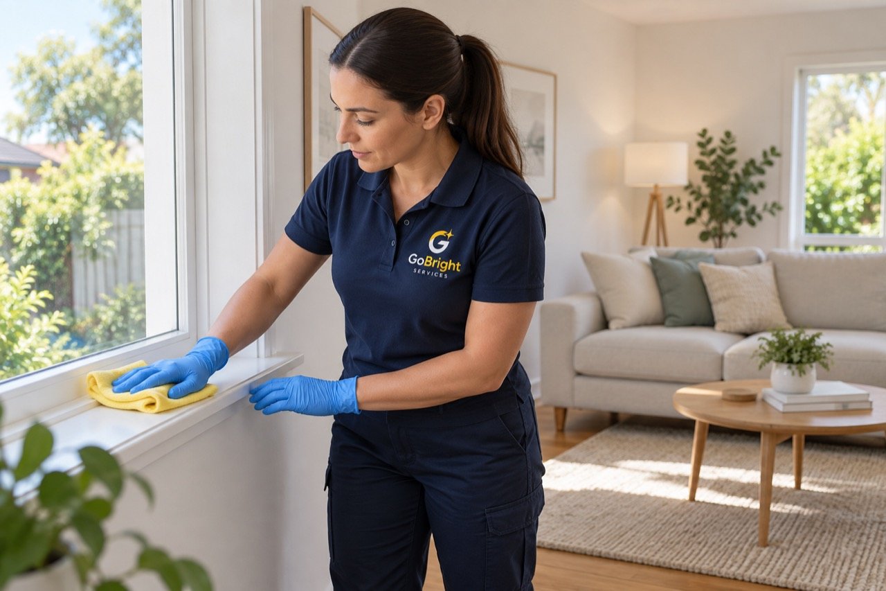 AI-generated cleaner wiping a windowsill during a one-off home clean
