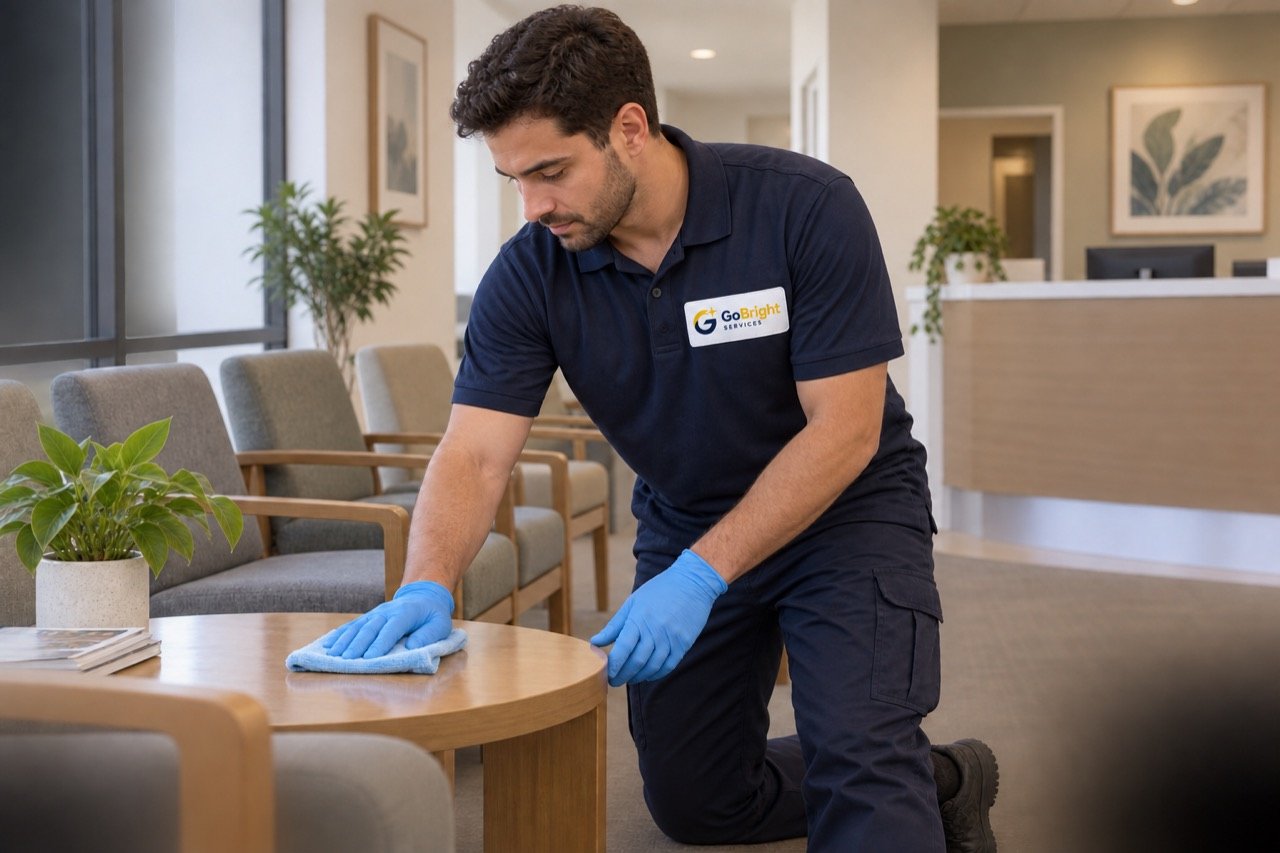 AI-generated cleaner wiping a table in a medical waiting room