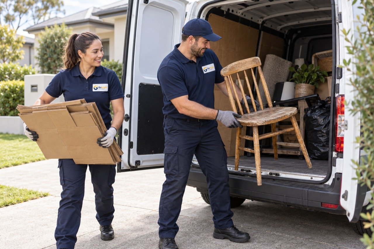 AI-generated cleaners loading household rubbish into a removal van
