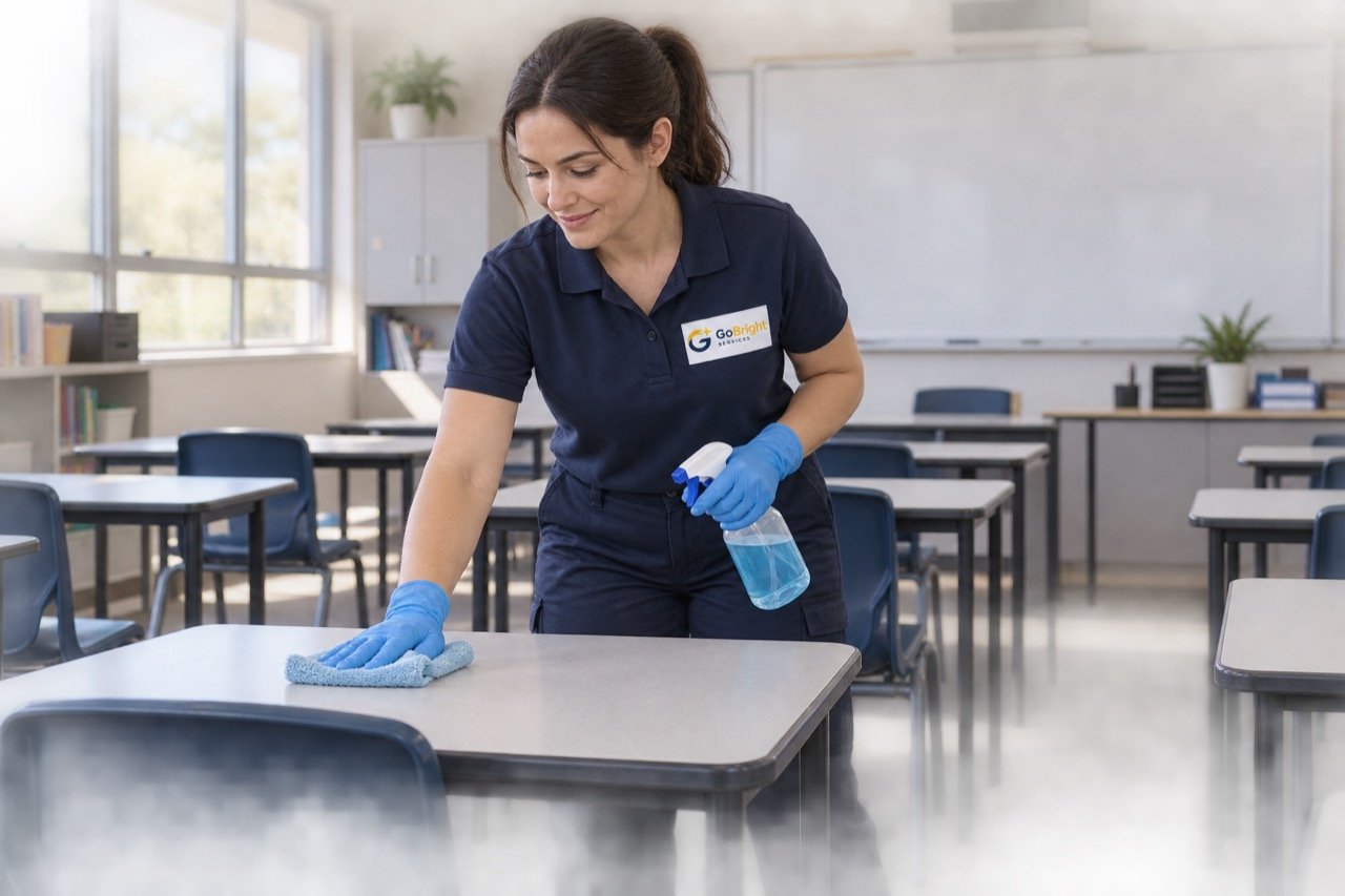 AI-generated cleaner wiping a desk in an empty classroom