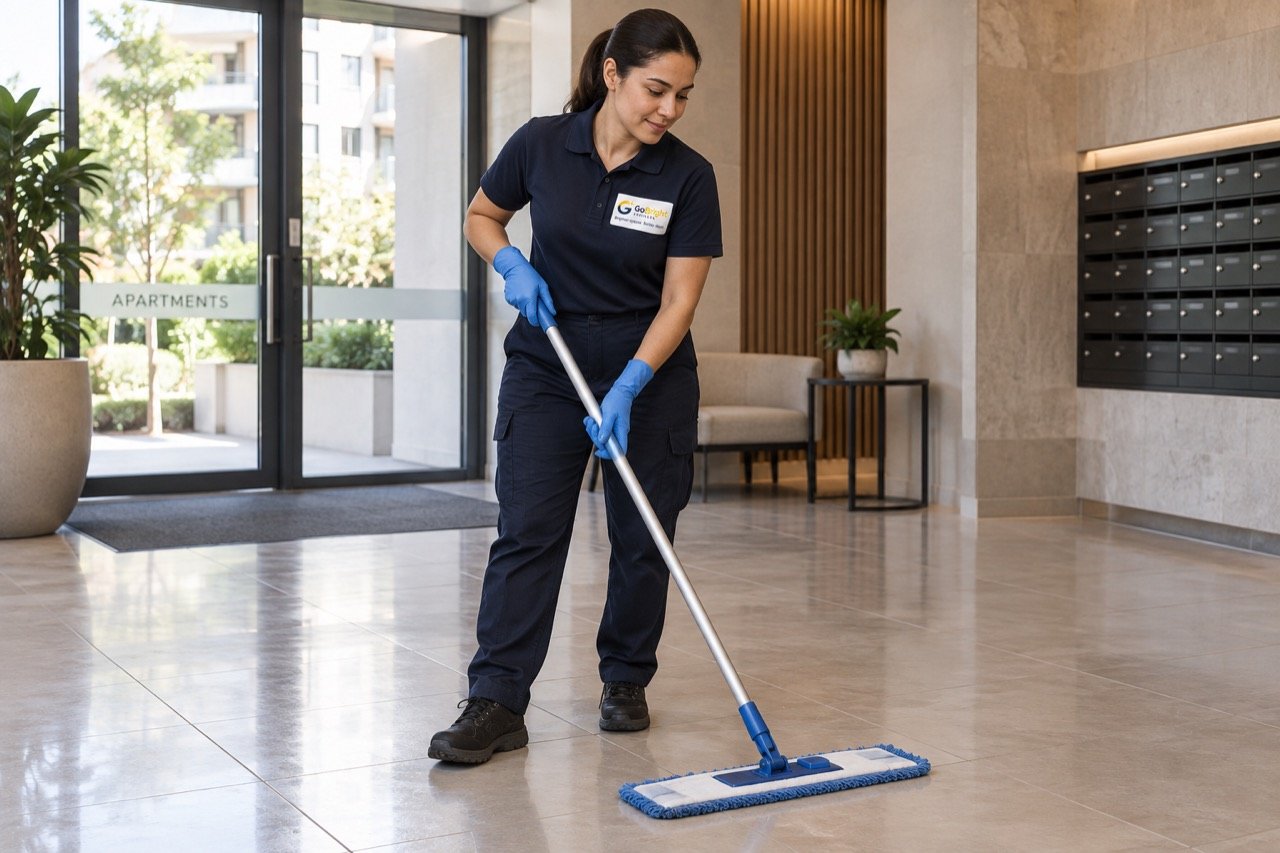 AI-generated cleaner mopping a shared residential lobby