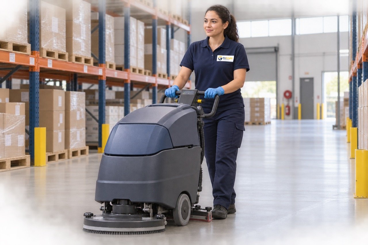 AI-generated cleaner using a floor scrubber in a warehouse aisle